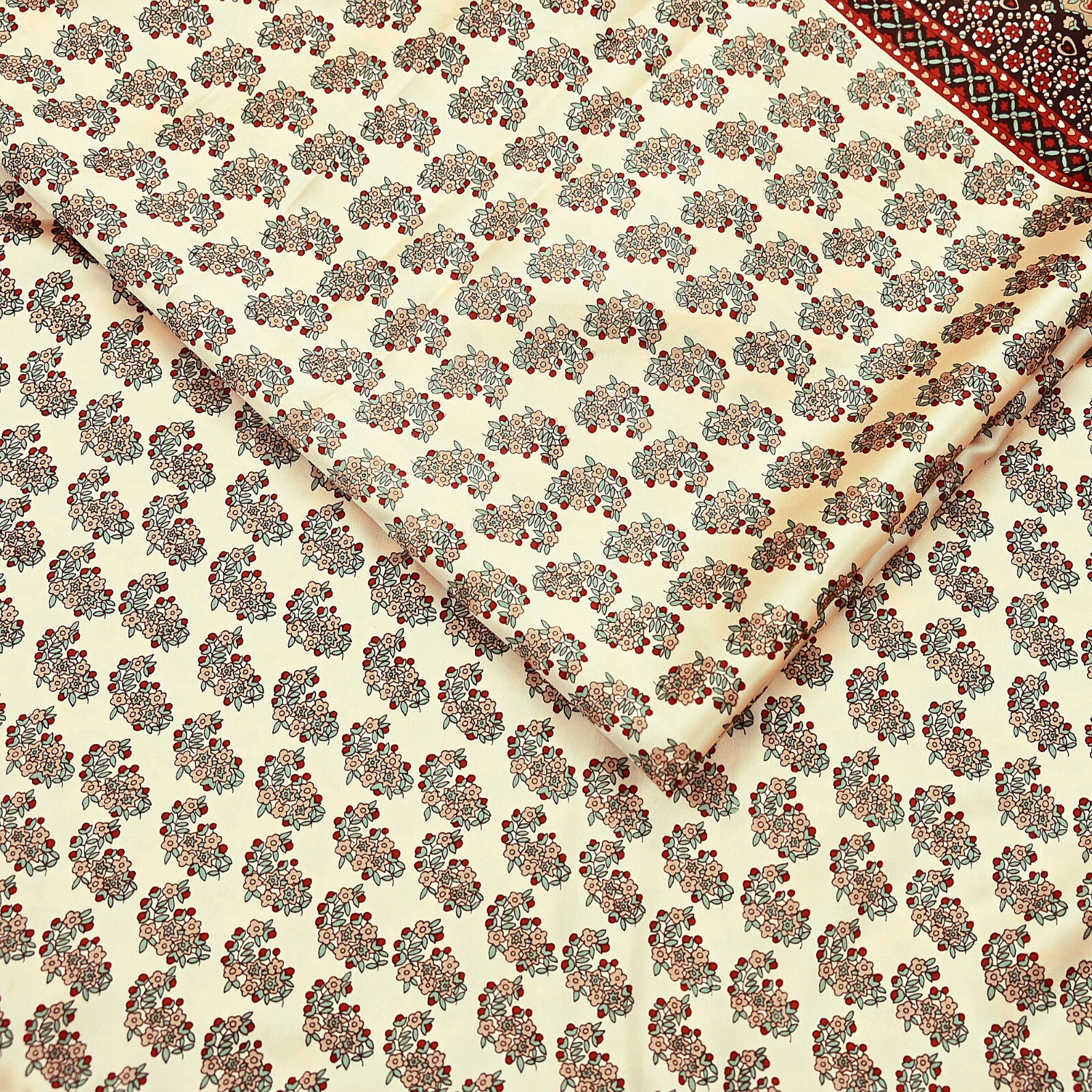 Indian Vintage Saree Beige Satin Printed Sari 5yd Sewing Floral Soft Craft Fabri