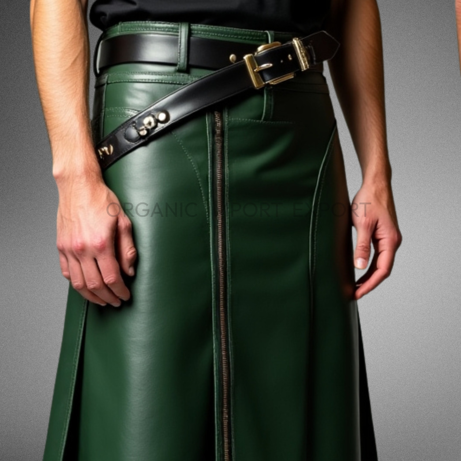 Men’s Green Leather Kilt – Long Gothic Warrior Utility Skirt with Belt & Sporran