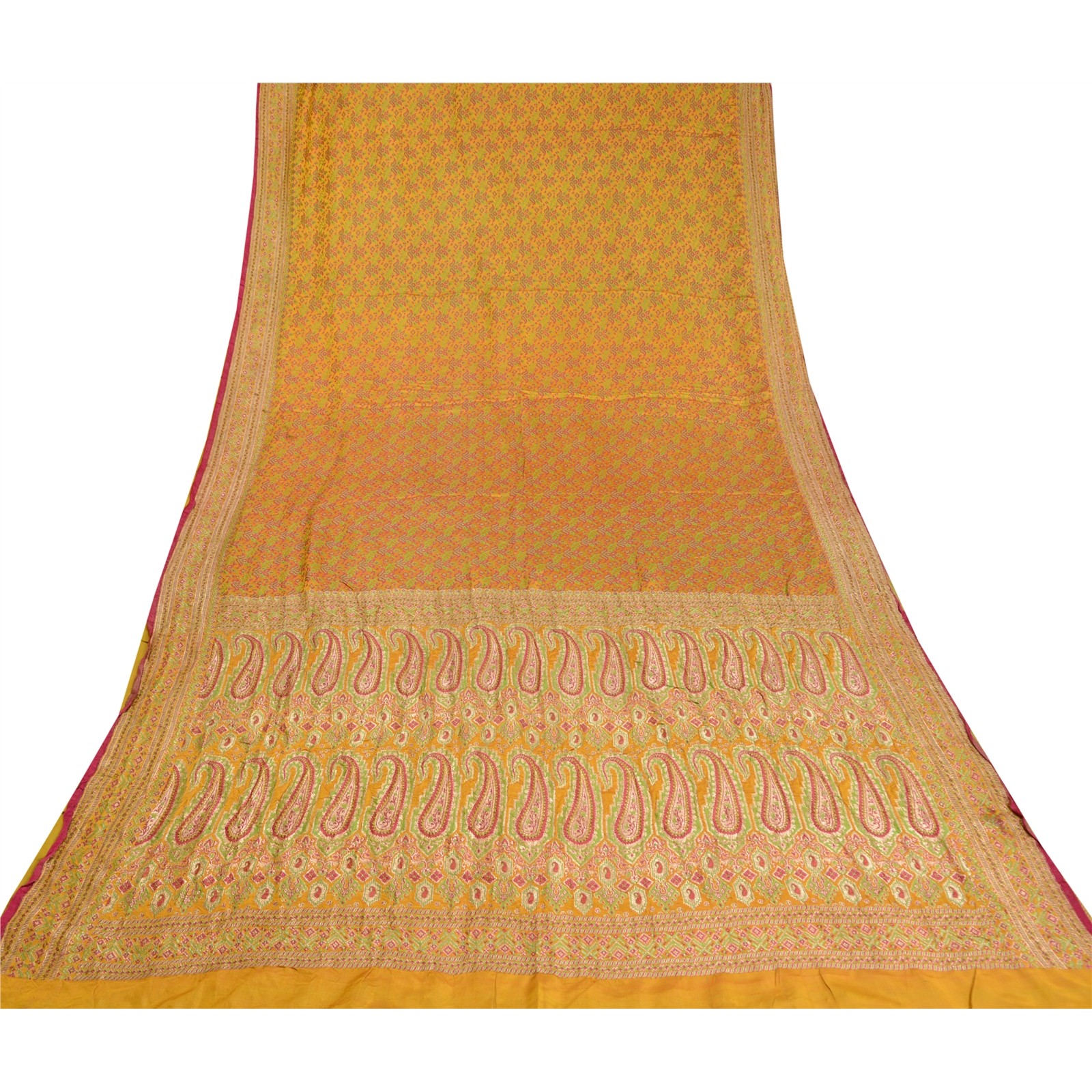 Sanskriti Vintage Saffron Sarees Pure Satin Woven Brocade/Banarasi Sari Fabric