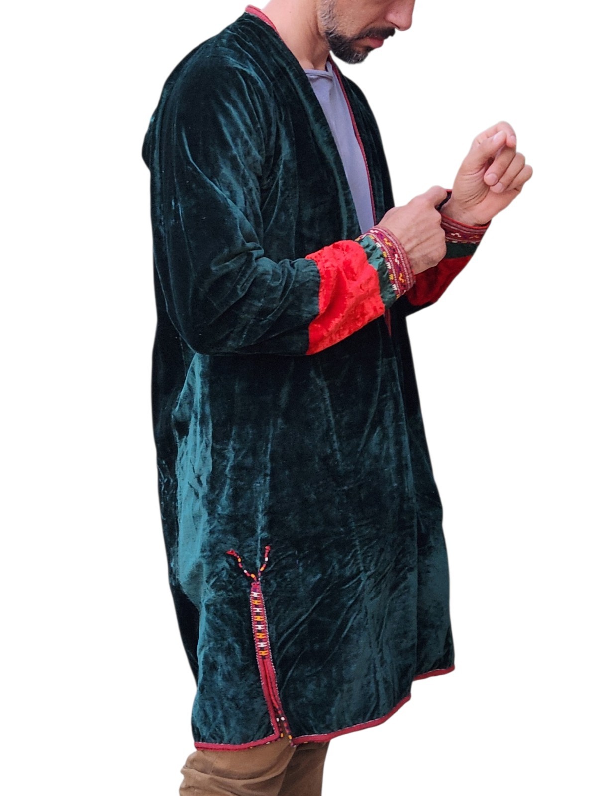 Vintage Turkmen Velvet Green Red Embroidered Chapan, Kaftan Robe (M/L ?)