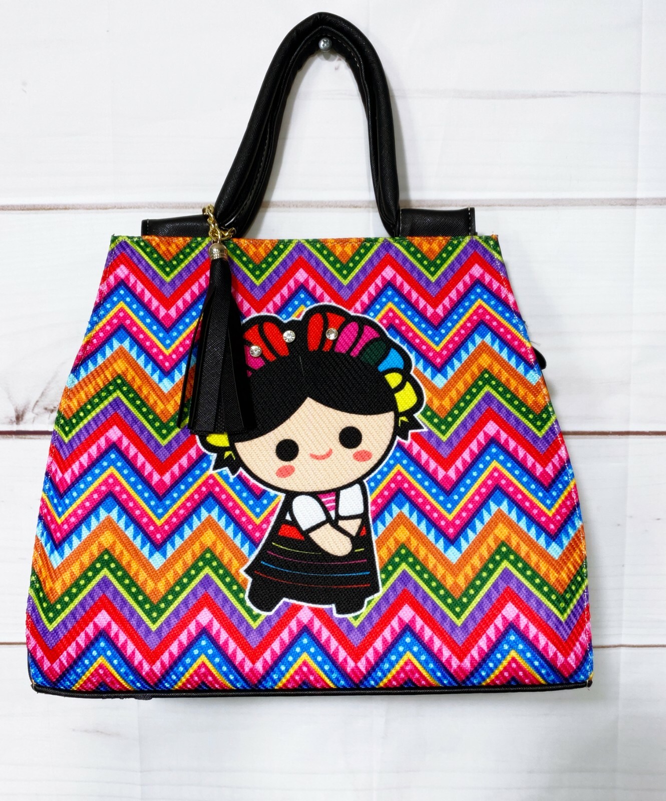 Lele Doll Mexican Womens Tote Bag Multicolor Chevron Purse w/Shoulder Strap