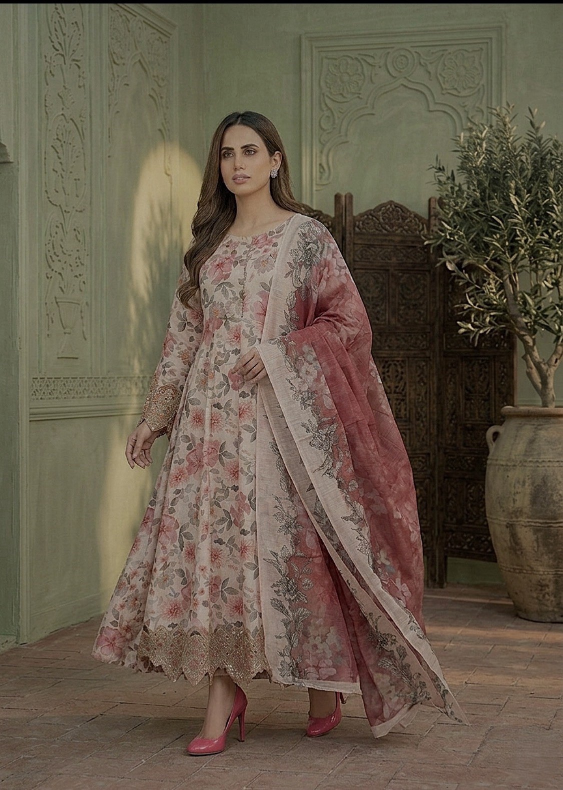 Pakistani Lawn Anarkali 3 Piece Outfit Beige Color Size Medium