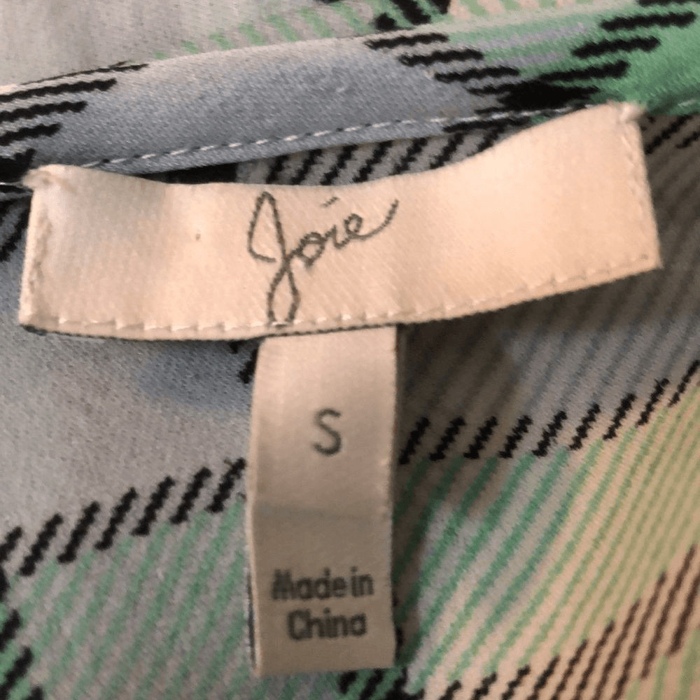Joie blouse plaid silk long tabbed sleeve button front rounded neckline Small