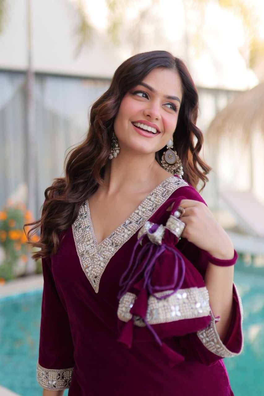 ReadytoWear Velvet Kurti Pant Set | Eid Party Outfit Zari Mirror | S M L XL XXL