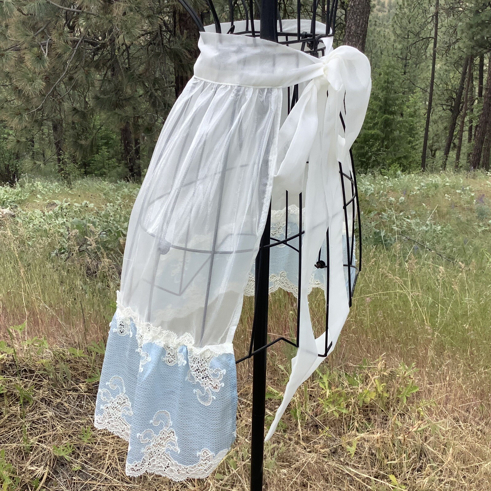 Offwhite sheer apron Light Blue Lace ruffles, Octoberfest Bridal Shower Dirndl