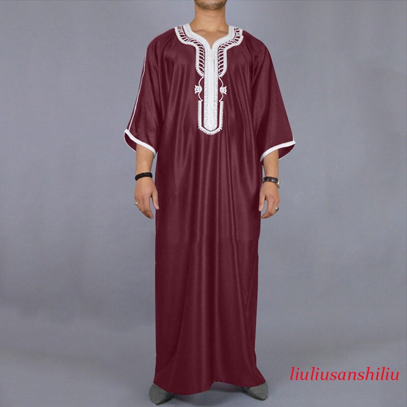 Muslim Men’s Black Robe Short Sleeves Embroidered Arabic Ethnic Style Clothes 1x