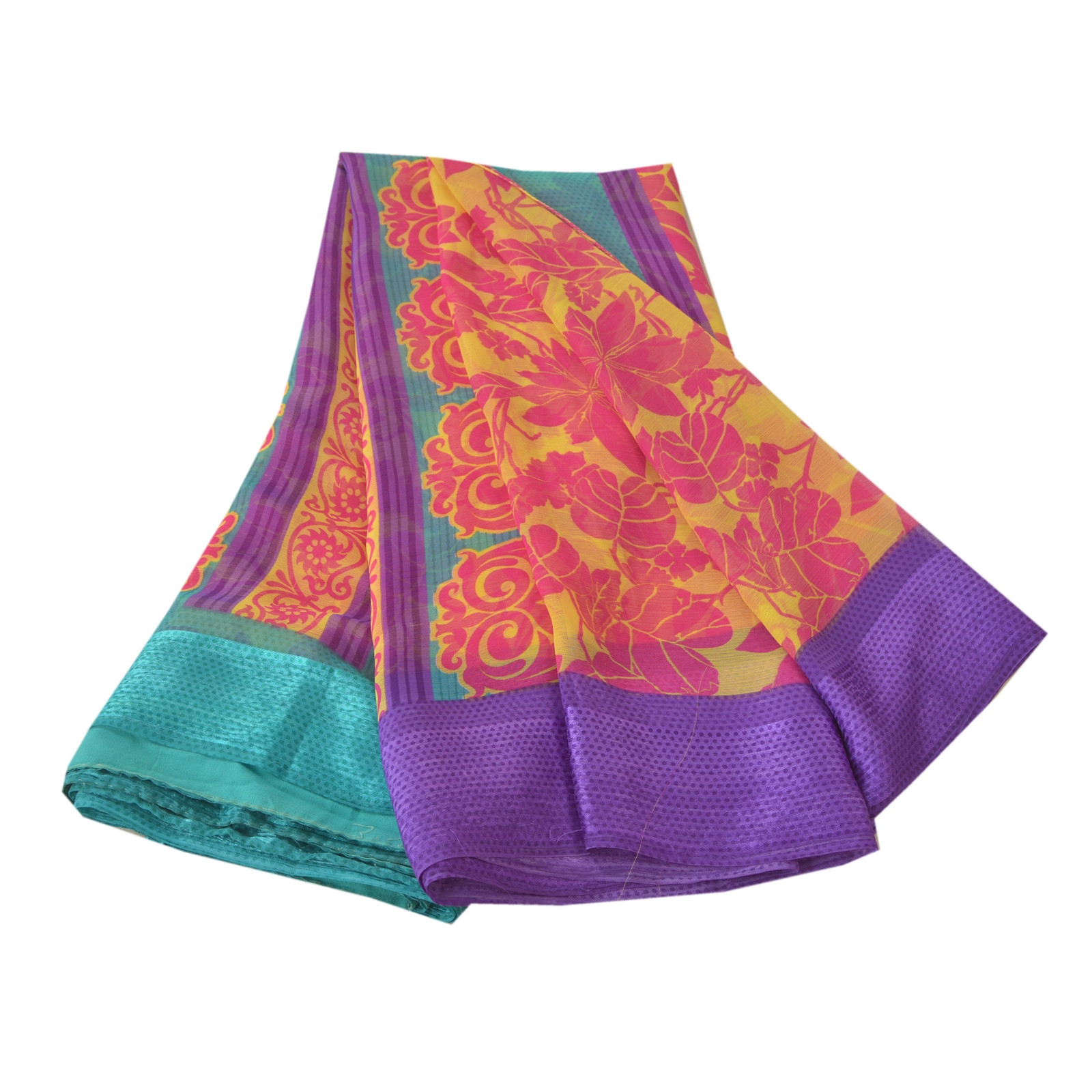 Sanskriti Vintage Indian Sari Yellow Printed Georgette Sarees Craft 5 Yd Fabric