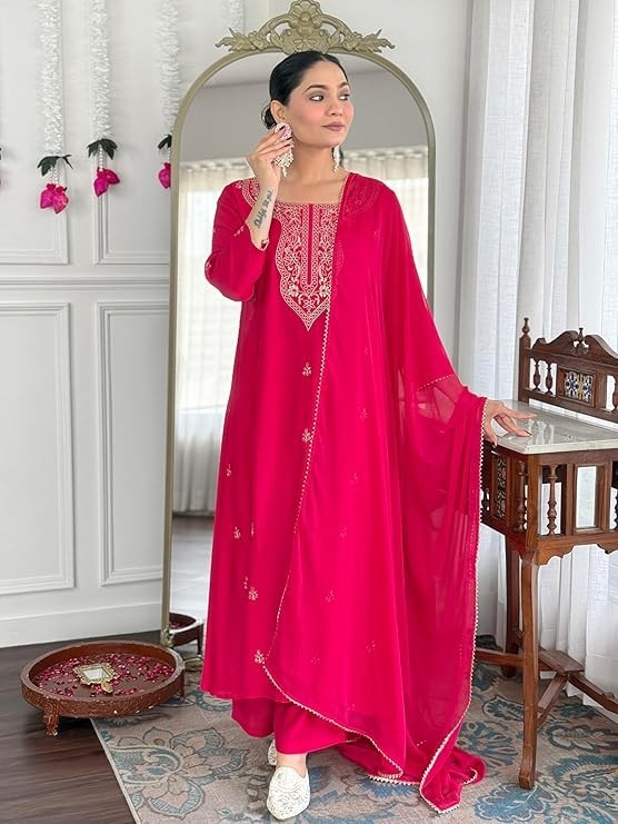 Women’s Viscose Silk Embroidery Straight Kurta Pant with Dupatta