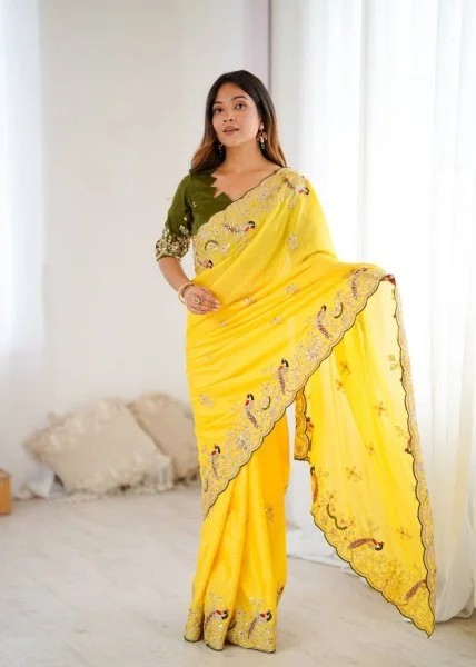 Yellow Chinon Silk Saree with Peacock Designer Embroidery With Blouse