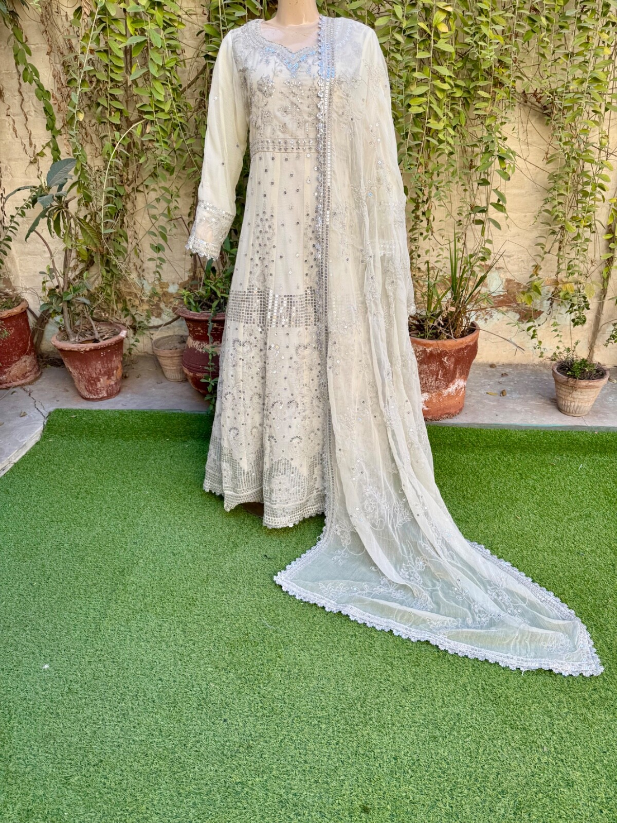 Pakistani Egg Shell White Long Maxi Style Embroidered Sequins Chiffon Dress,XL#1