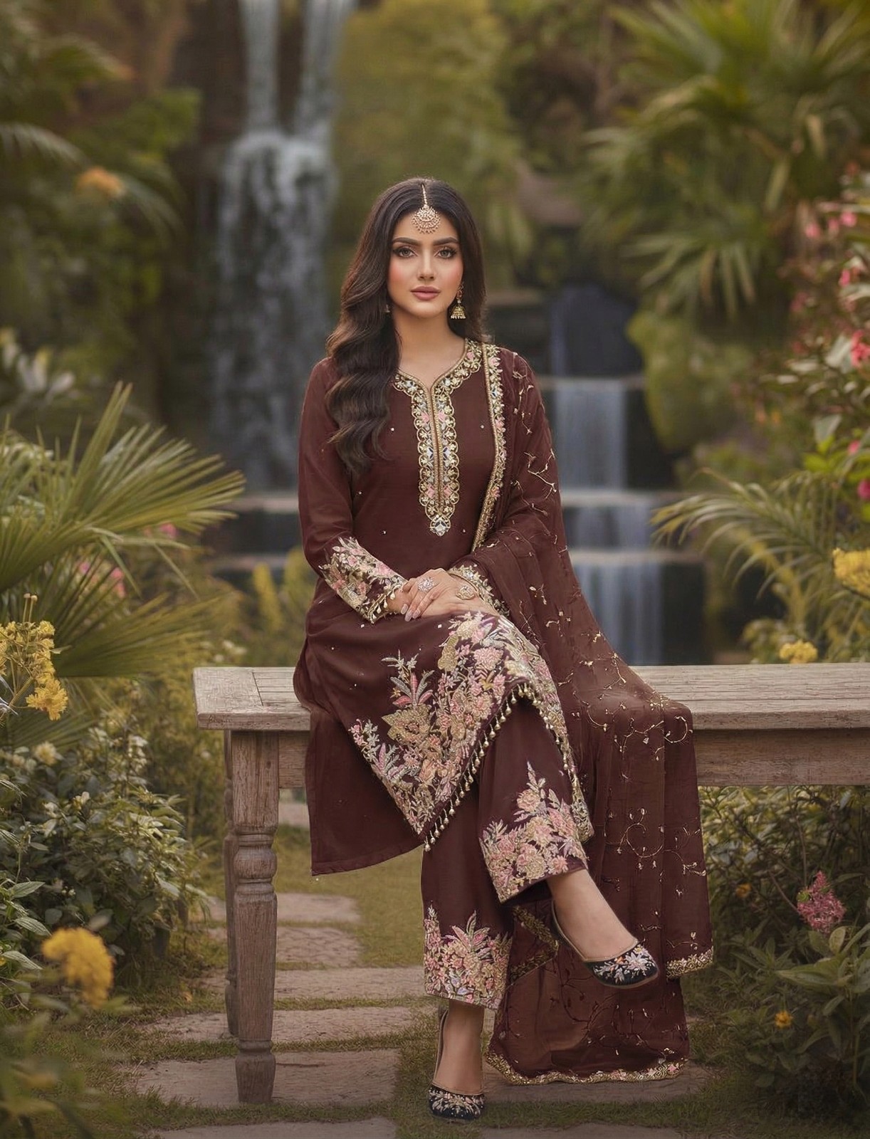 Wine Color Ready To Wear Faux Georgette Salwar Kameez Wedding Party Ethnic Suit