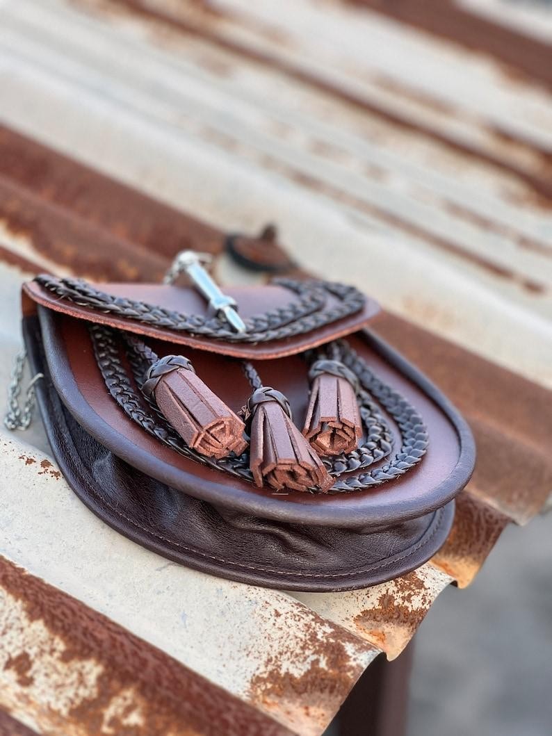 Scottish Brown Leather Sporran Handmade Braided Tassels with Belt