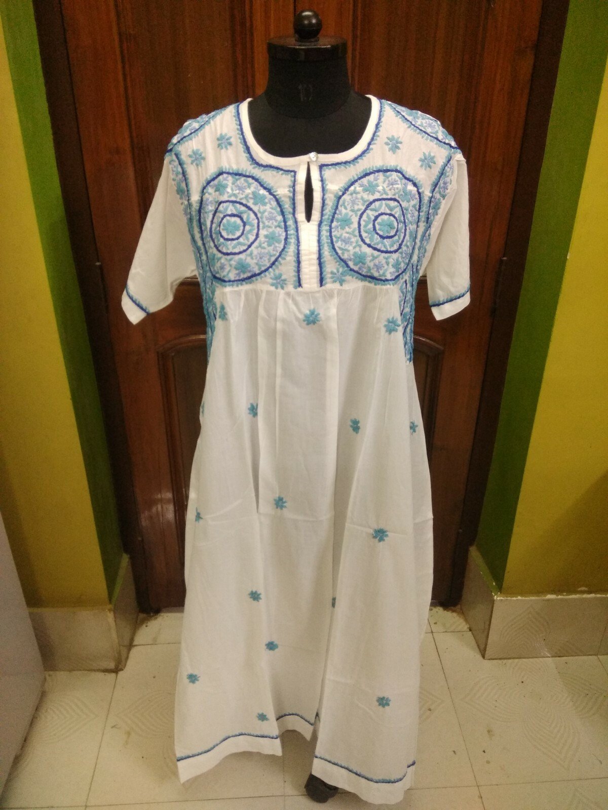 KURTA KURTI 100% COTTON XL 45″ HANDMADE ETHNIC LONG MAXI TOP CHIKAN EMBROIDERY