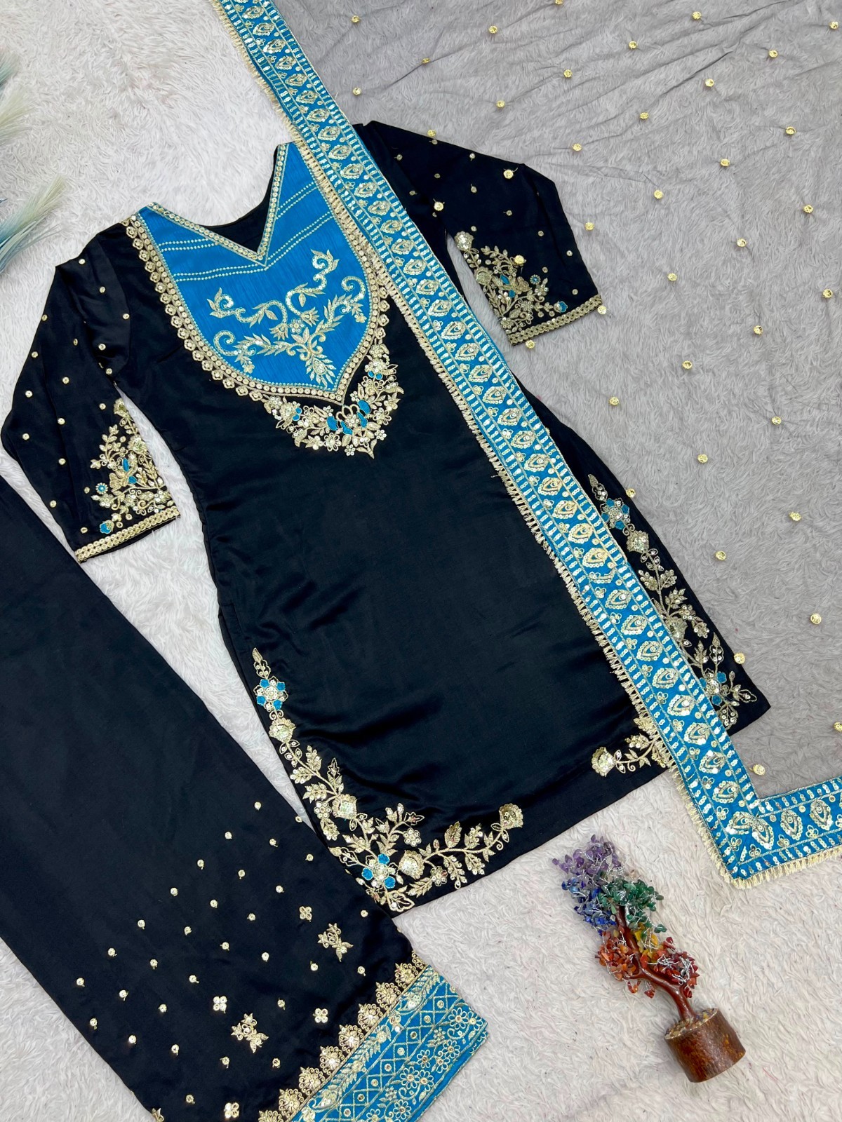 Black Designer Salwar Kameez Palazzo Dupatta Set Embroidered Party Wear Suit