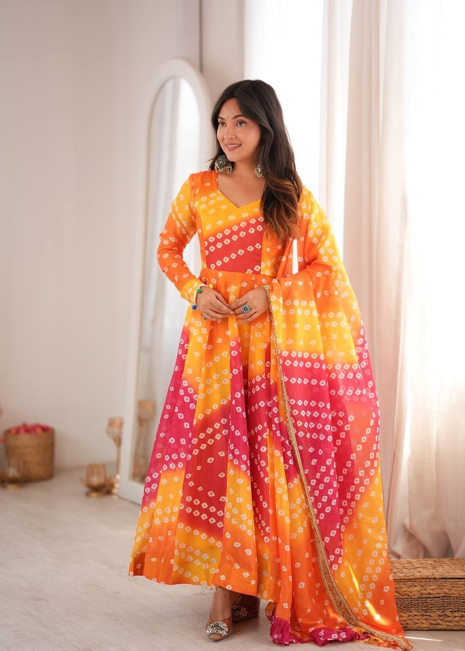 Printed Tabby Organza Gown Pant Dupatta Set Bandhani Flared Anarkali Suit Pack