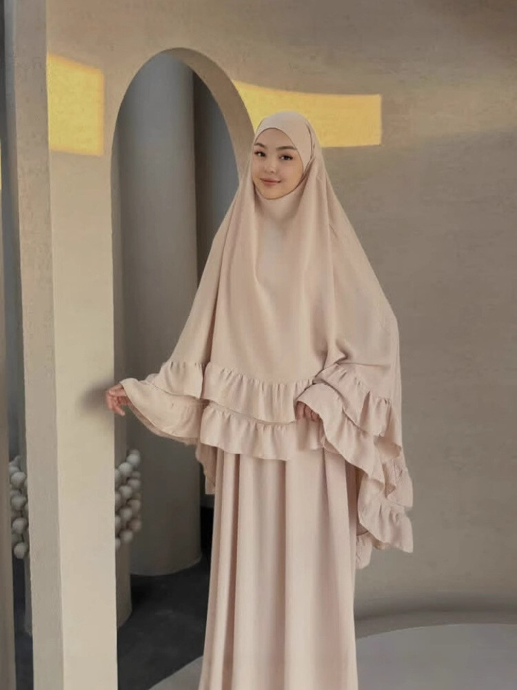 Women Muslim Solid Color Ramadan Robe Dress Set Arab Lotus Leaf Edge Big Turban