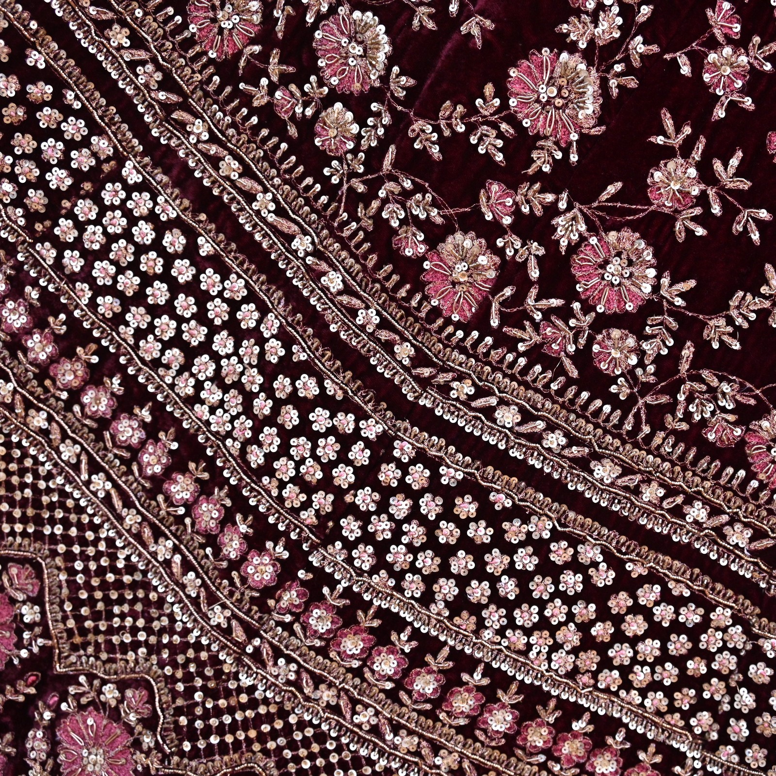 Indian Heavy maroon & pink Net/velvet Hand Embroidered Designer Lehenga 3pcs Set