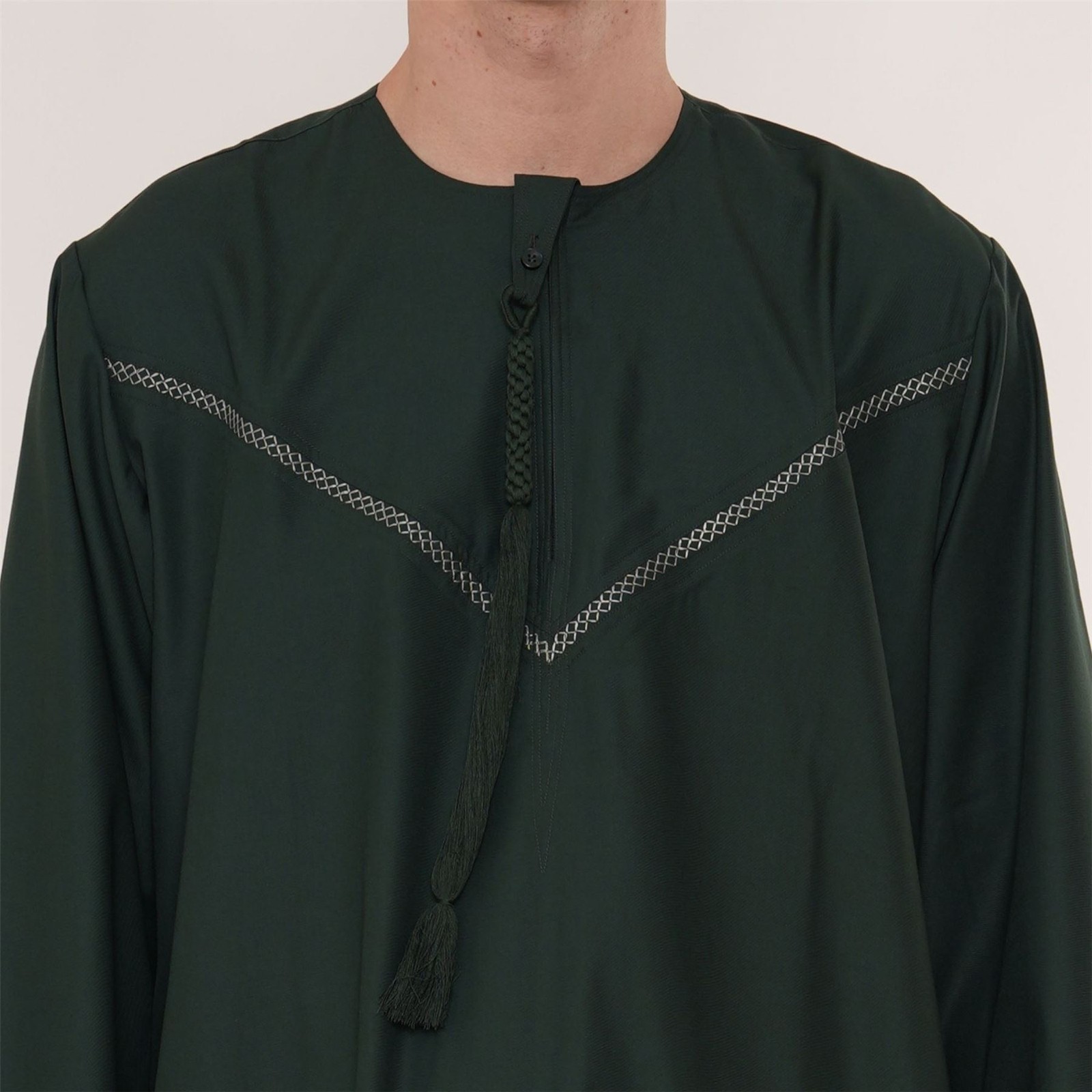 Men Olive Green Thobe Emirati Omani Jubba Islamic Embroidery Muslim Eid Tassel