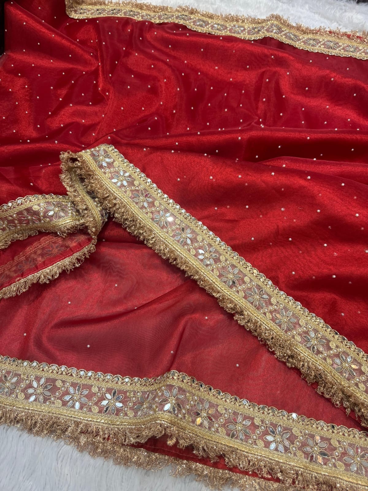 Premium Banarasi Tissue Soft Silk Saree With handmade stone work Running Blouse