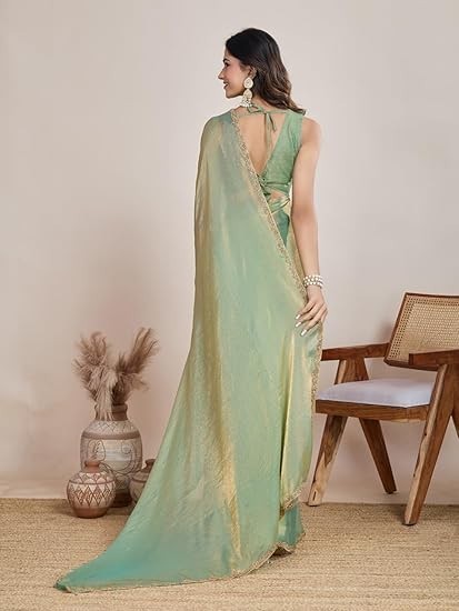 Women’s Two Tone Fendy Chiffon Saree Party Wear Designer Border Work Saree