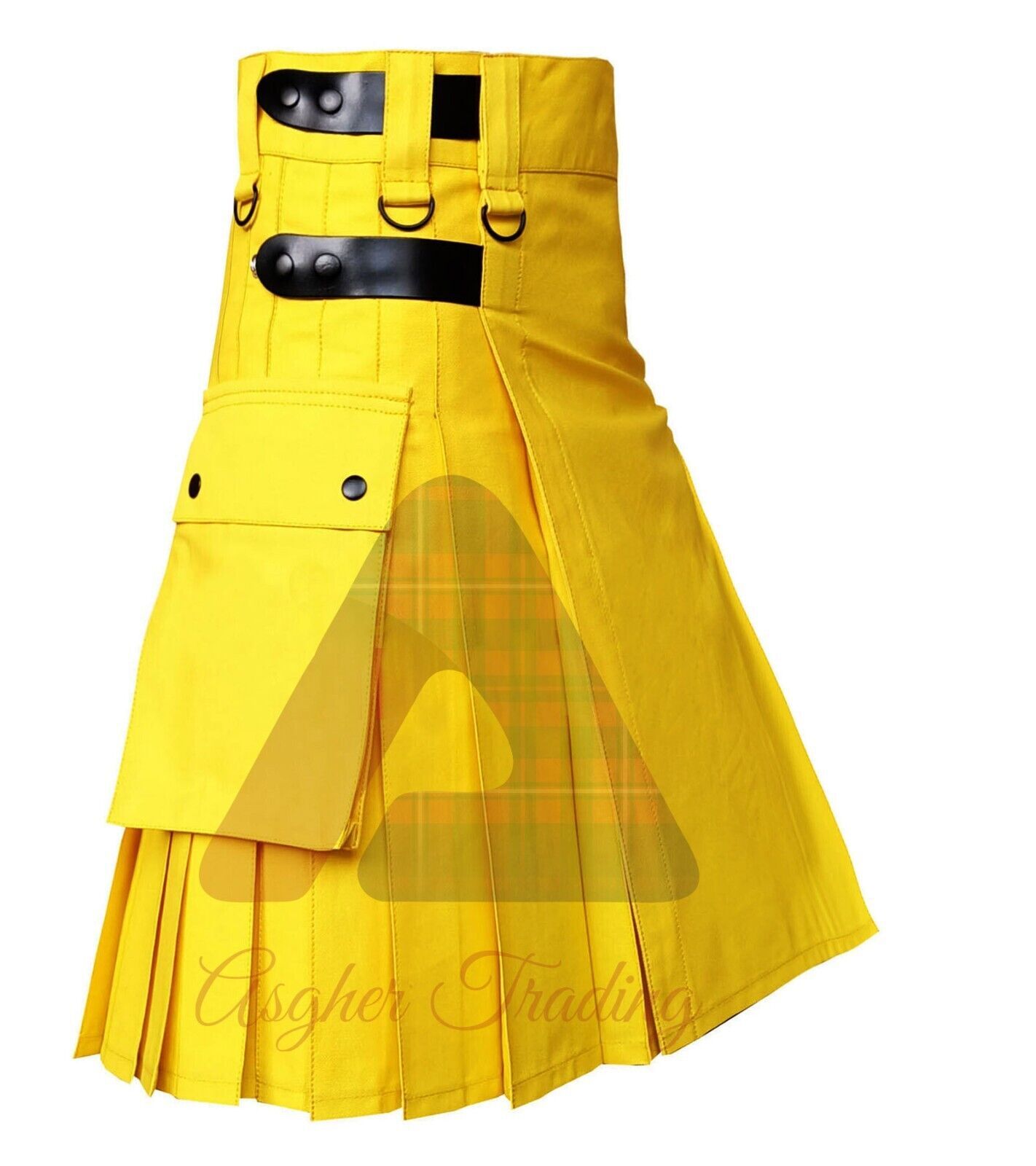 Men’s yellow Cotton Utility Kilt -Utility Kilts For Men With Leather strap