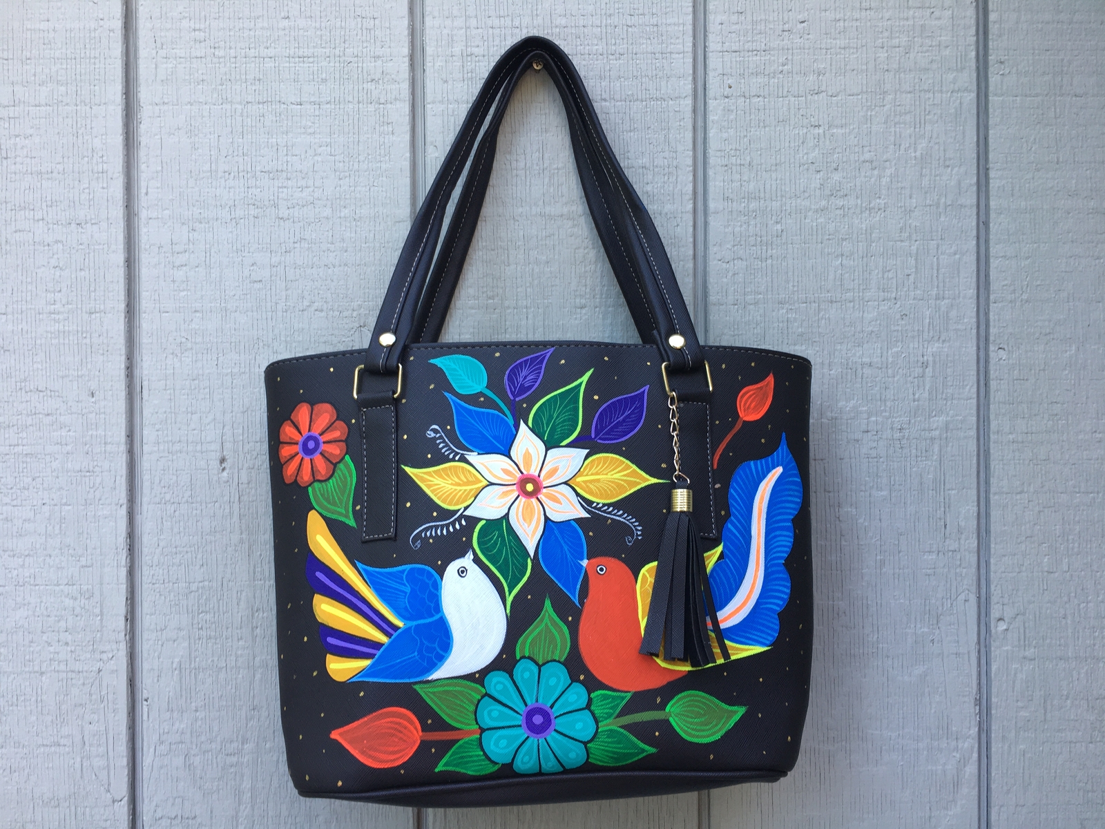 Hand Painted Mexican Tote Bag Purse Handbag – Synthetic Vegan Leather Bag