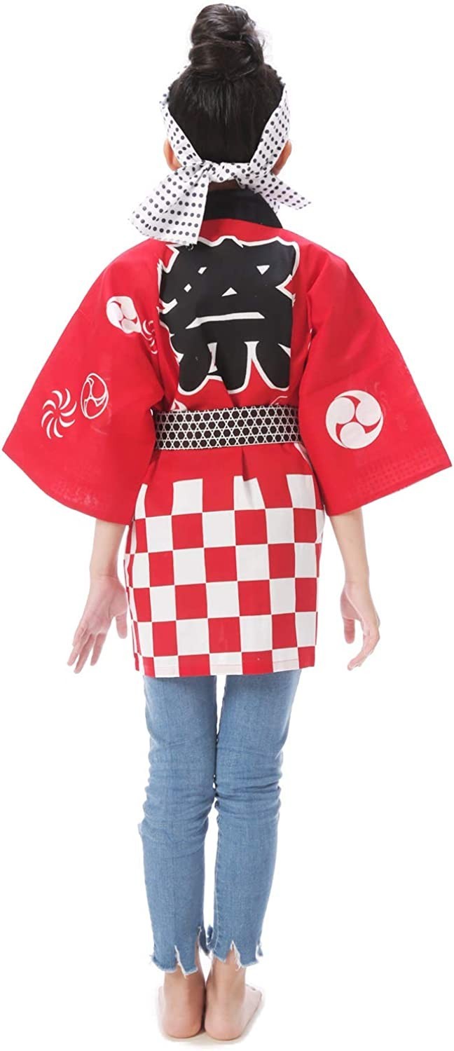 Matsuri Happi Coat KIDS 2-13year Red 3pcs. Set Japanese Festival Kimono Jacket