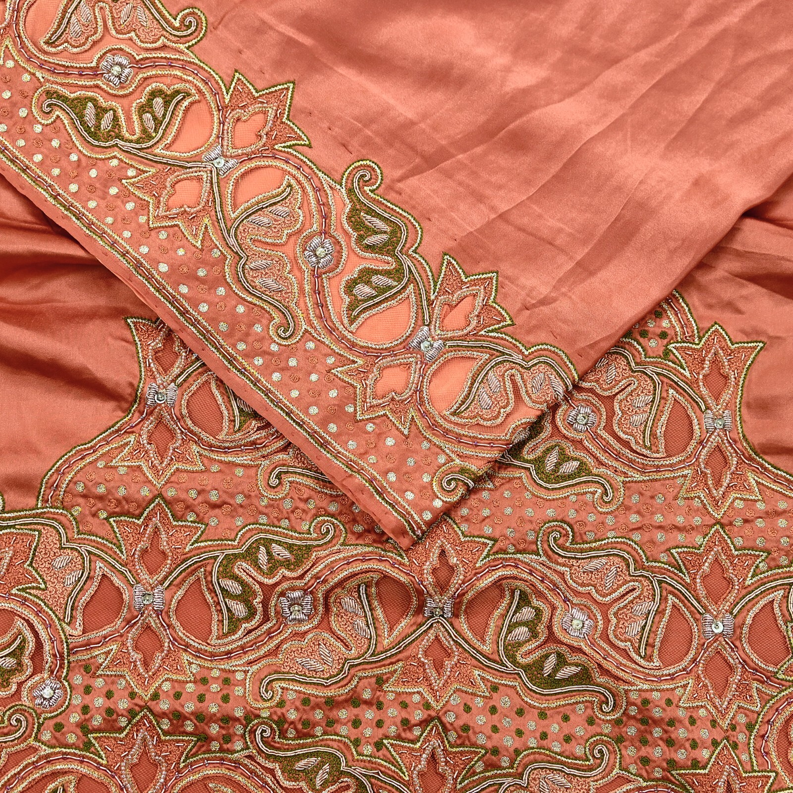 Vintage Heavy Peach Sari Hand Embroidered Saree Pure Satin Silk 5yd Ethnic Dabka