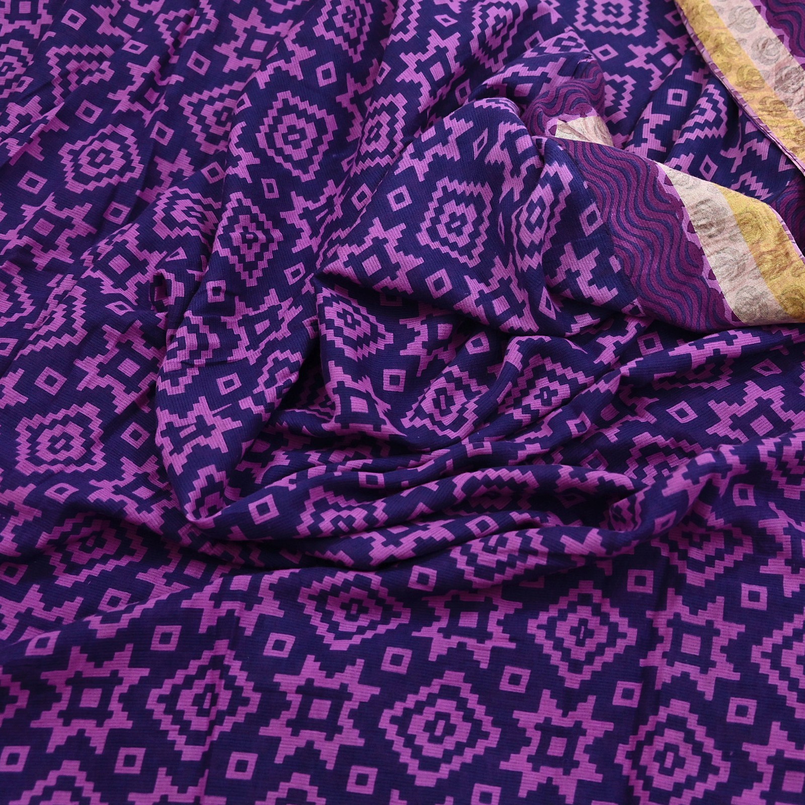 Indian Vintage Sari Blue & Purple Printed Pure Cotton Sarees Craft Fabric 5Yd