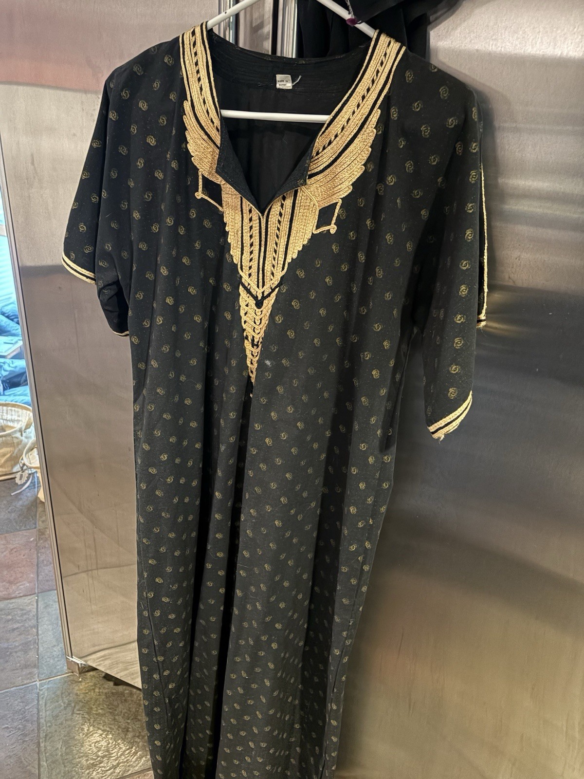 Vintage Moroccan Kaftan Black Gold Braid Boho Ethnic Dress Hat Nile Cruise