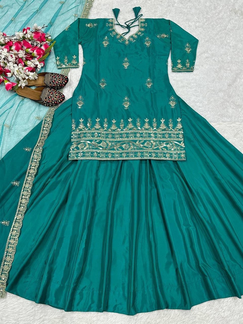 Presenting Teal Green Natural Crep Top Lehenga With Dupatta For Festival Wear