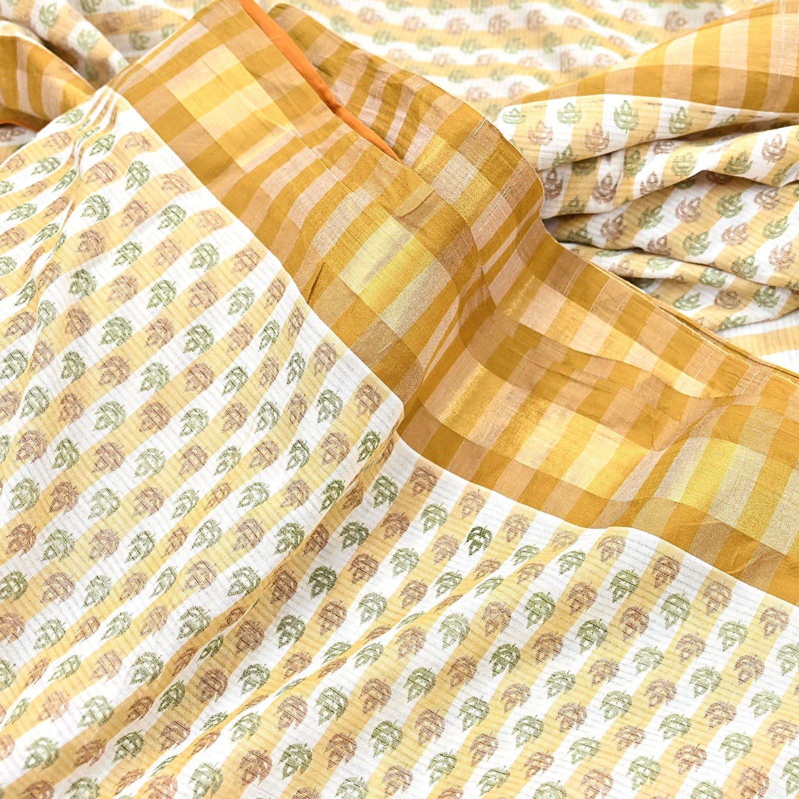 Indian Vintage Sari White & Beige Printed Pure Cotton Sarees Craft Fabric 5YD