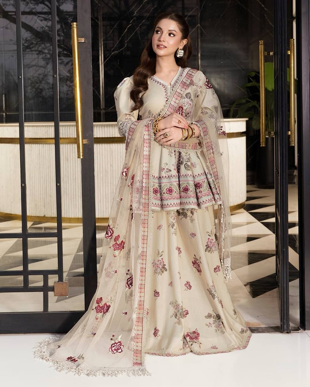 Latest Designer Natural Crep Silk Cream Top Palazzo With Dupatta For Festival