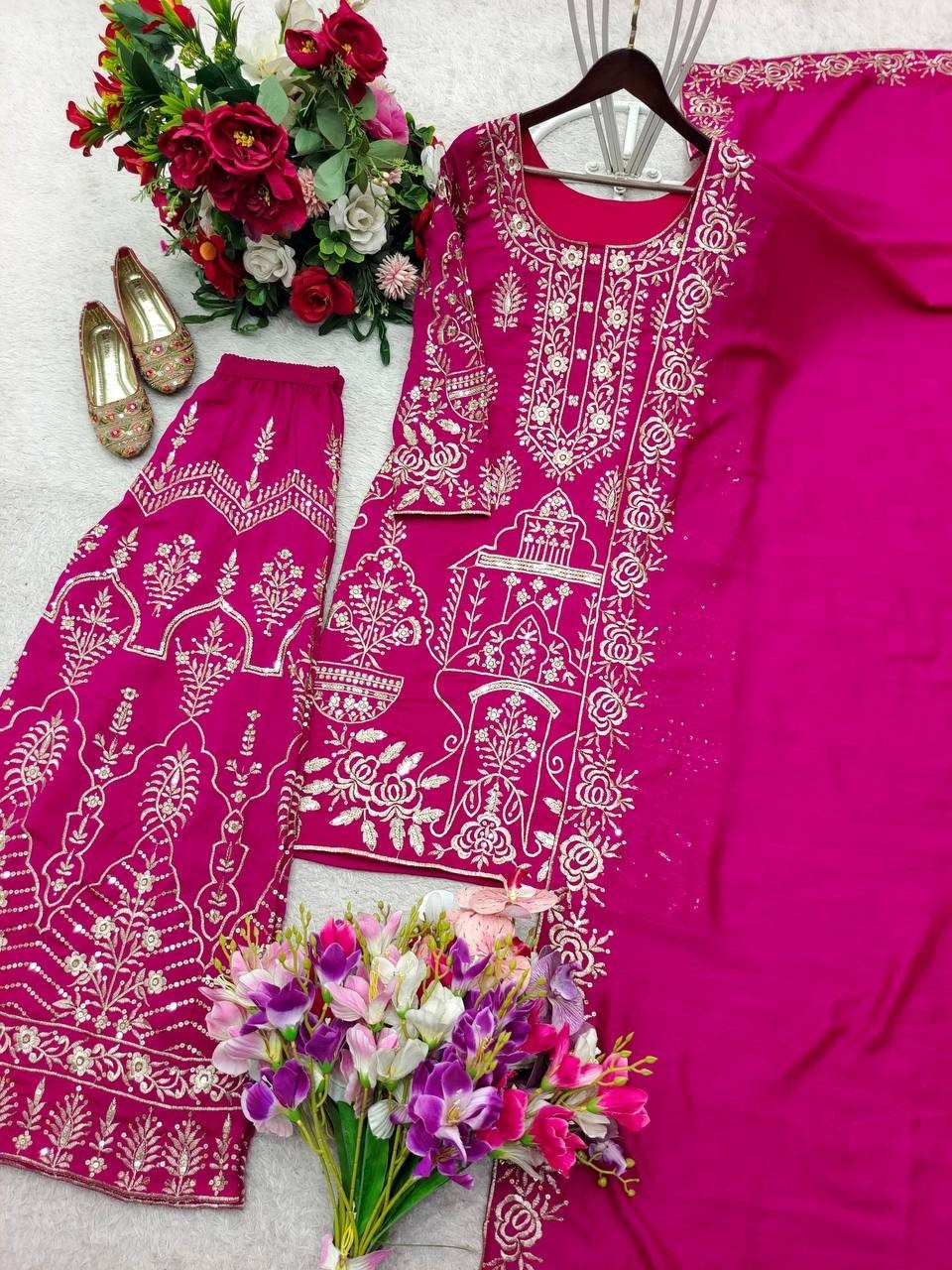 New Designer Vichitra Silk Pink Top Palazzo With Dupatta For Indian Wedding Wear