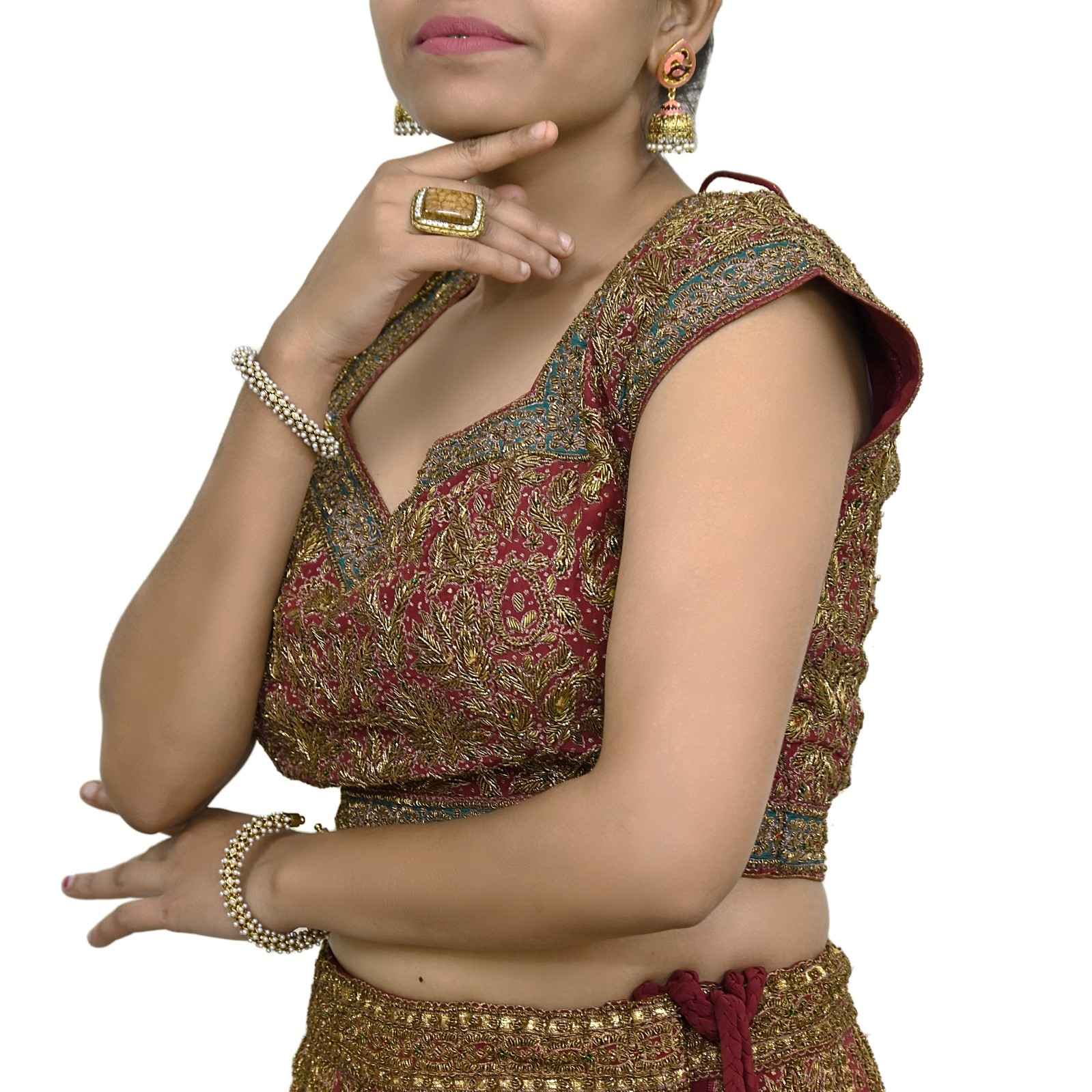 Pre-owned Maroon Pure Silk Hand Embroidered Ritu Kumar Designer Lehenga 3pcs set