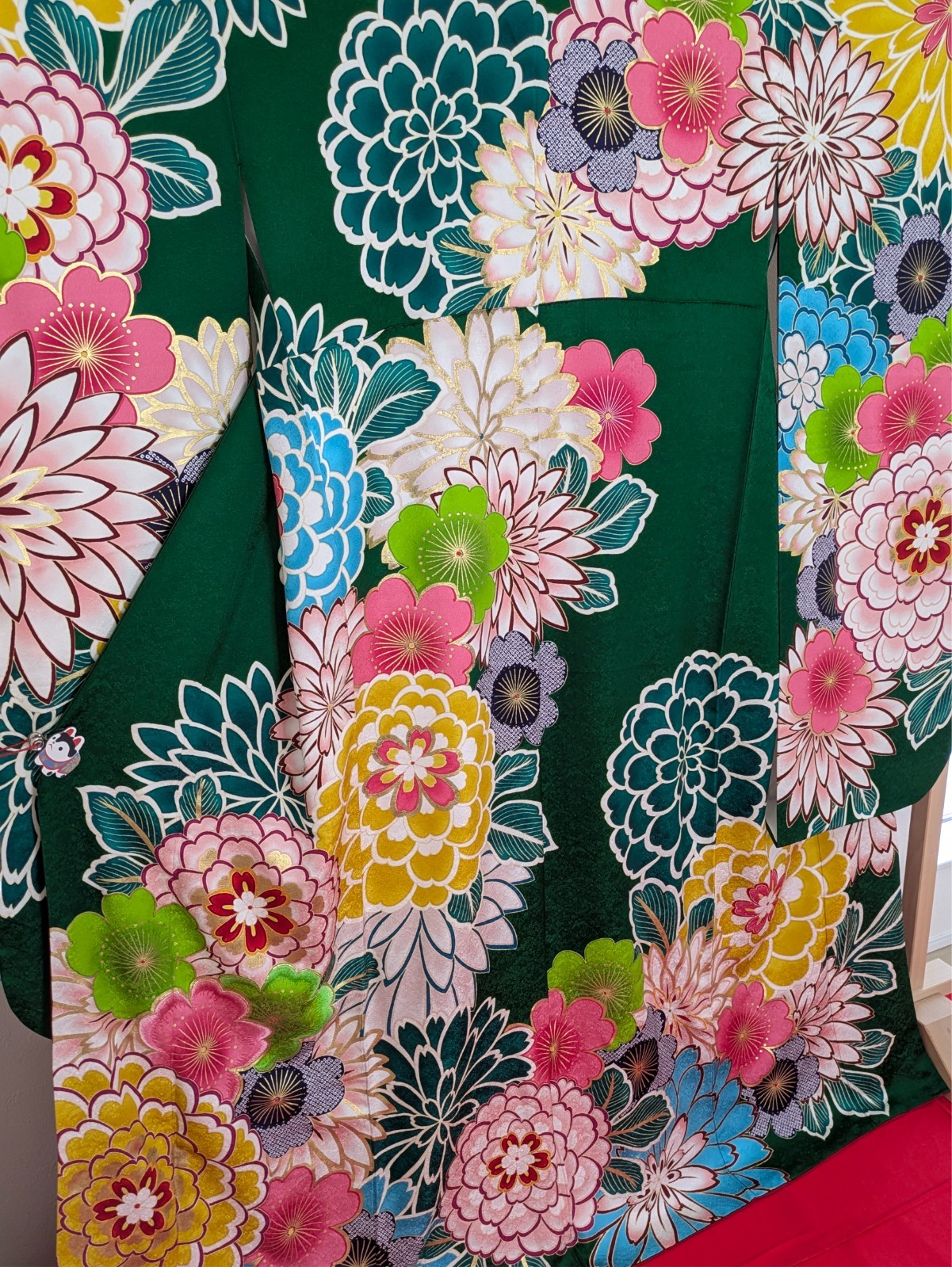 Japanese Kimono Silk Furisode Green Gorgeous Colored Floral Big SIze Textile Art