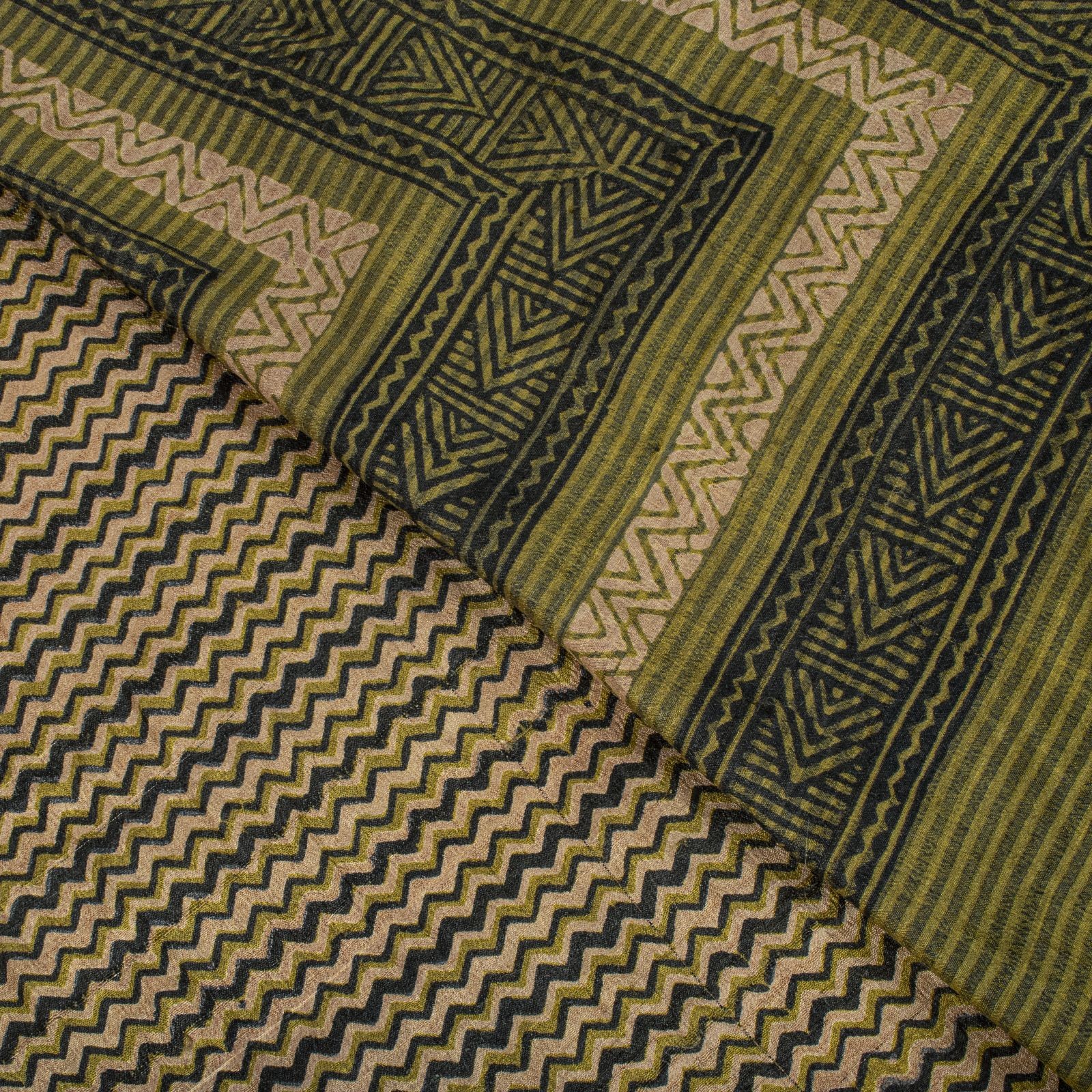 Sanskriti Vintage Saree Pure Woolen Silk Beige-Green Geometric Print Sari Fabric