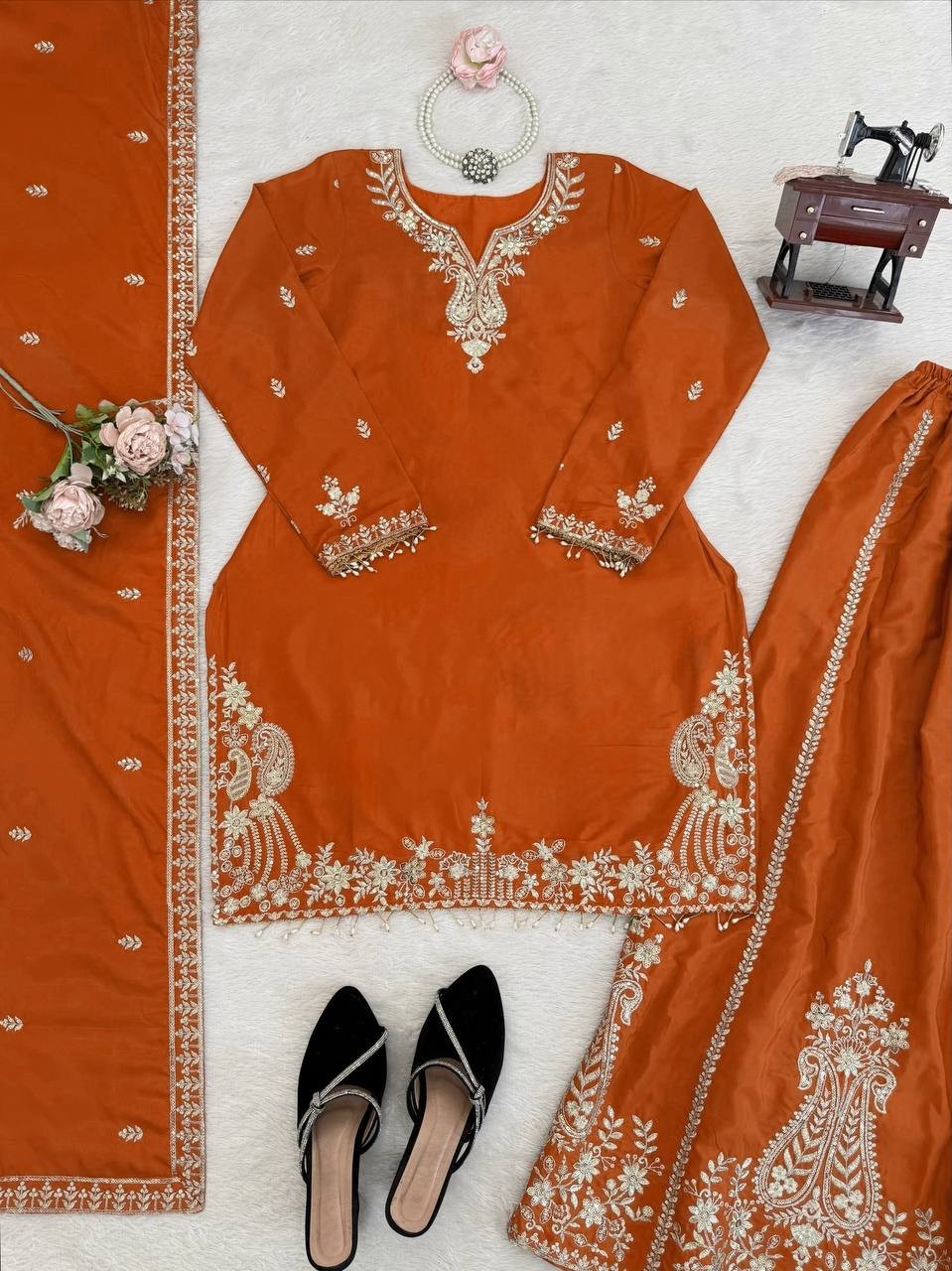 Natural Crepe Orange Top Palazzo With Dupatta For Indian Wedding Wear