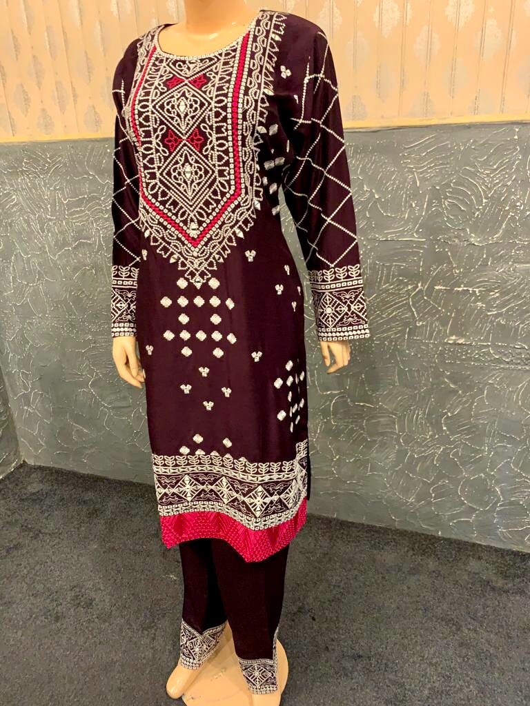 Pakistani Dark Purple Printed Straight Shirt 3pcs linen Suit w/ Threadwork ,L