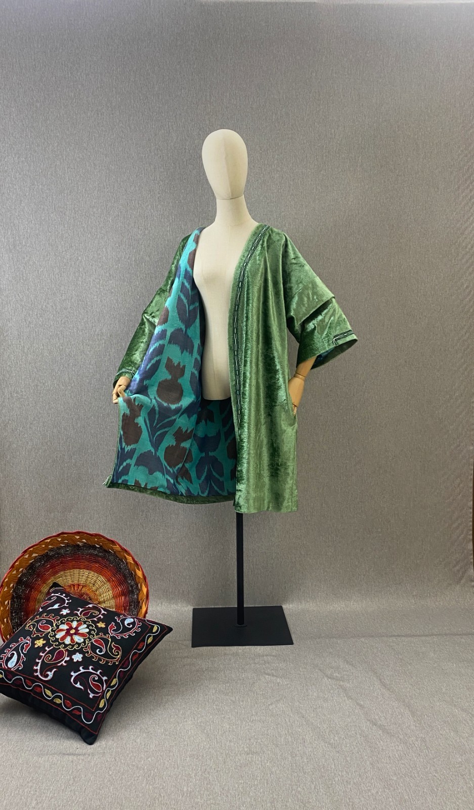 Vintage Silk Velvet Jacket Uzbek Ikat Lined Kimono OOAK Handmade Coat Pockets