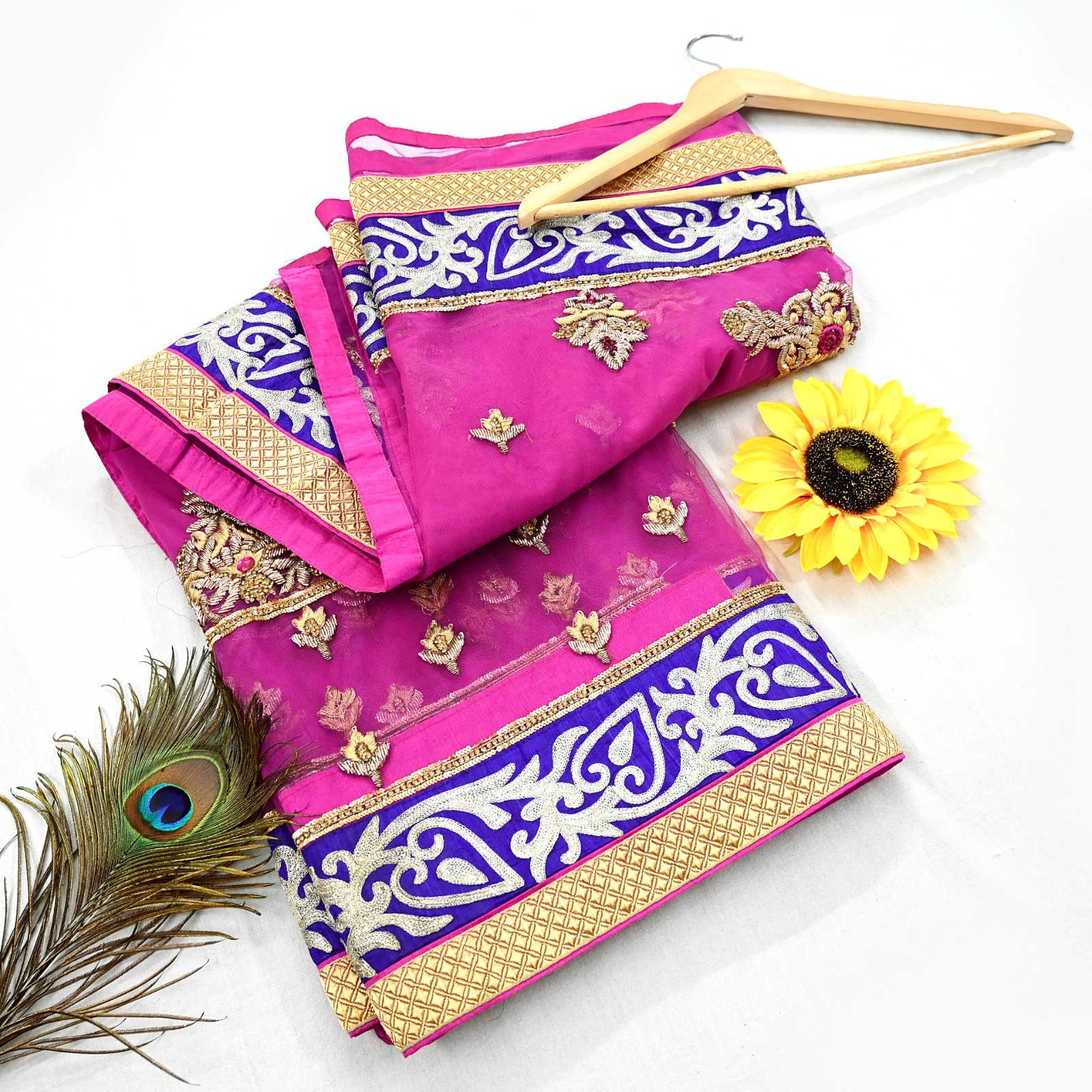 Indian Pre-owned Sari Purple Net Hand Embroidered Anamika Khanna Designer Saree