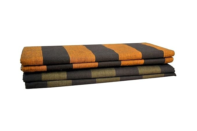 Cotton Black Striped Stitched Lungis for Men/2.00 Mtr ( Mustard/Dark Green )