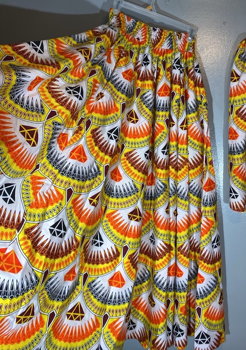 Maxi Circle Skirt African Ankara Print Diamonds Maroon Orange Yellow W/Hair Wrap