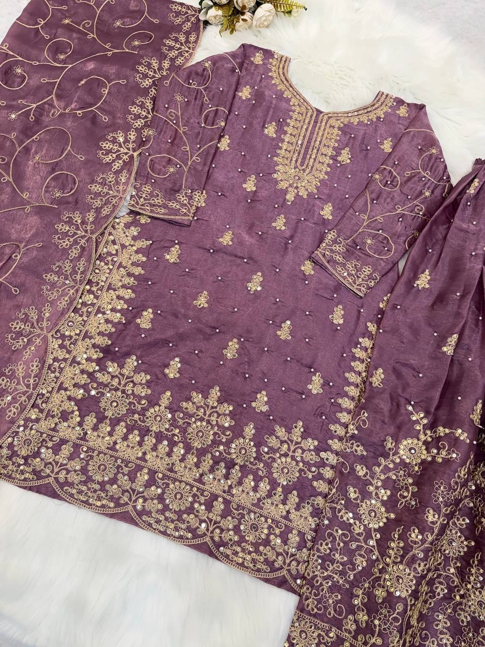 Launching New Pure Silk Dusty Pink Top Palazzo With Dupatta For Women & Girls