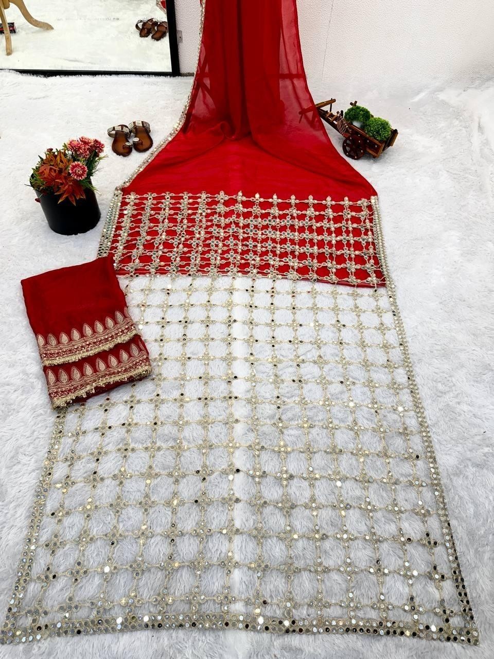 Designer Fendy Silk Maroon Color Saree with Mirror Work & Unstichhed Blouse