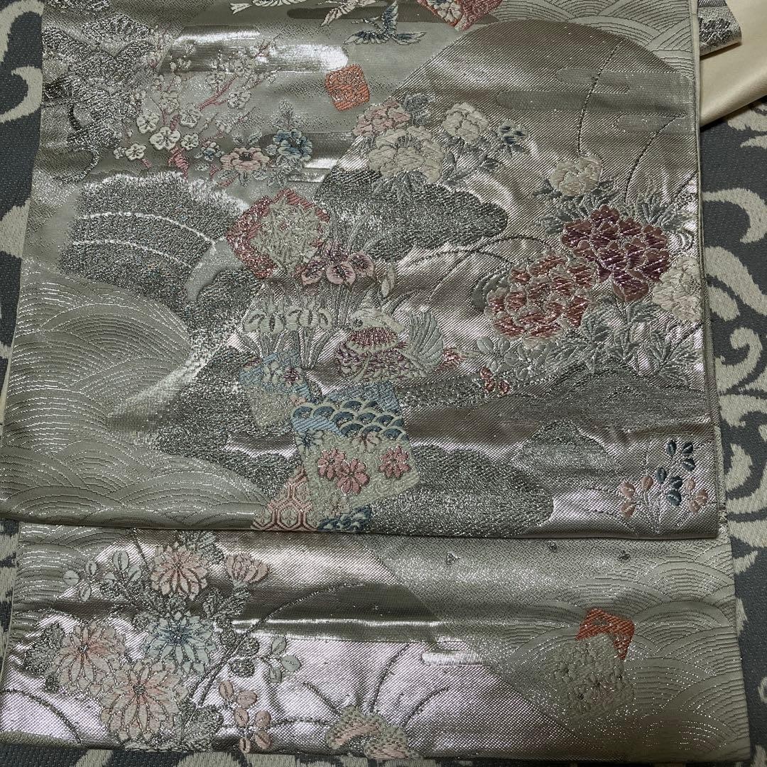 Japanese Silk Fukuro Obi Embroidered Floral Wave Silver Kimono Sash