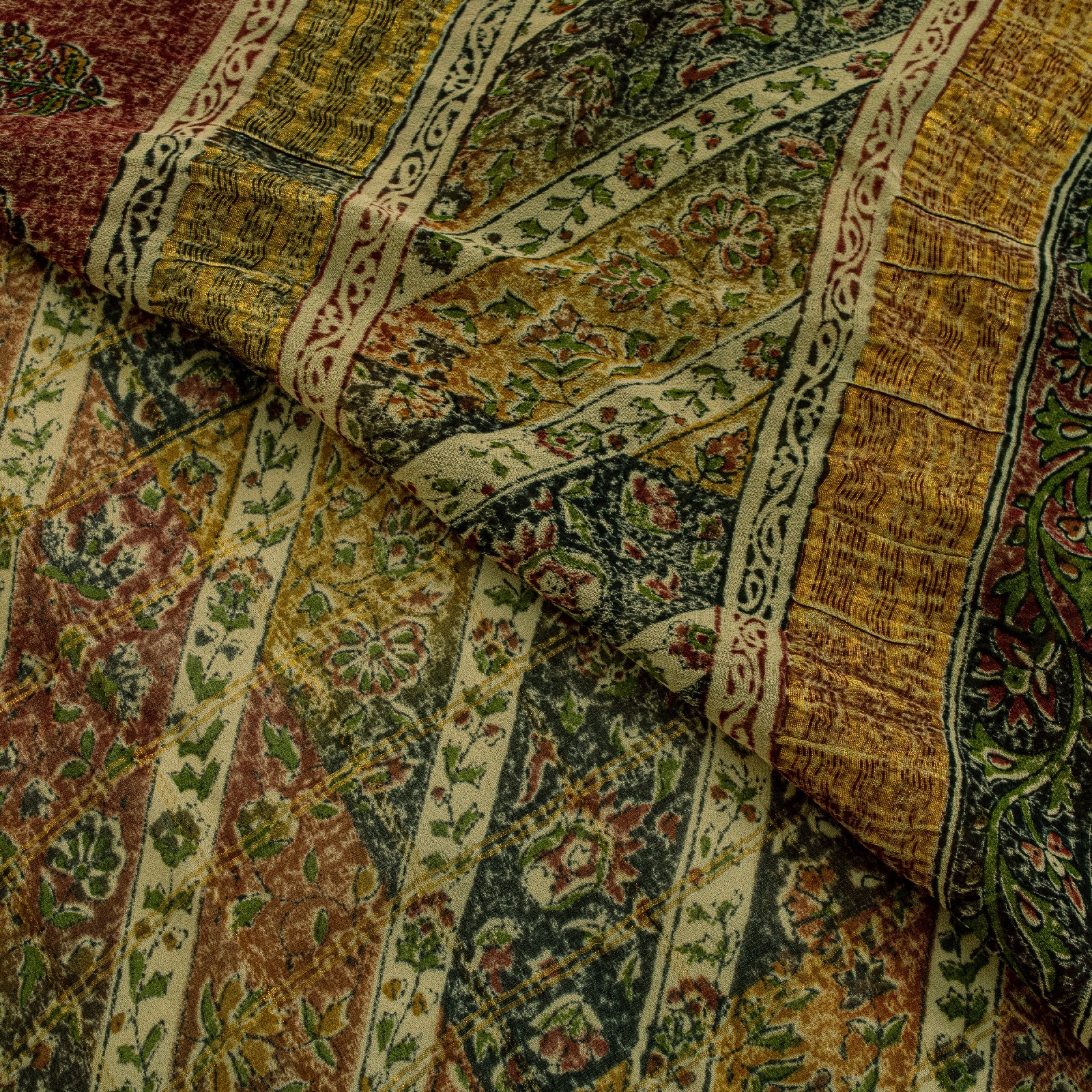 Sanskriti Vintage Yellow-Green Pure Georgette Silk Saree Floral Block Print 6 Yd