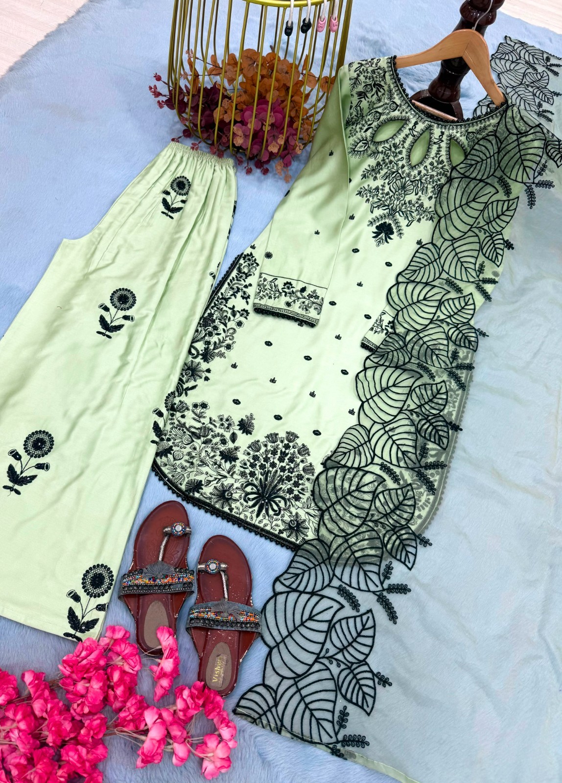 Indian Pure Cotton Light Pistachio Green Embroidered Kurti Pant Dupatta Set
