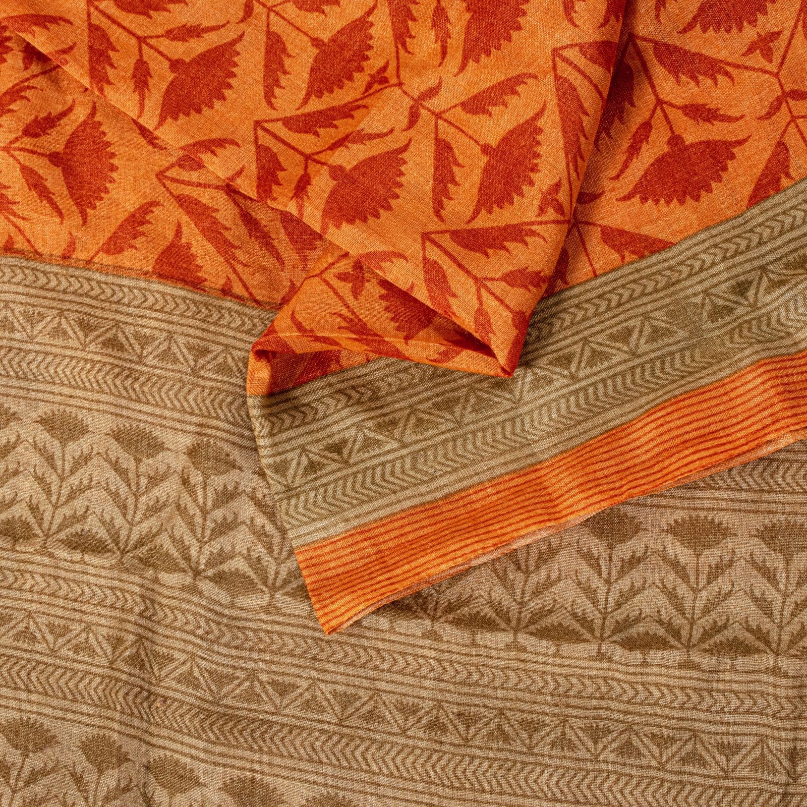 Sanskriti Vintage Soft Orange Pure Woolen Saree Floral Print Sari 5.5+Yd Fabric