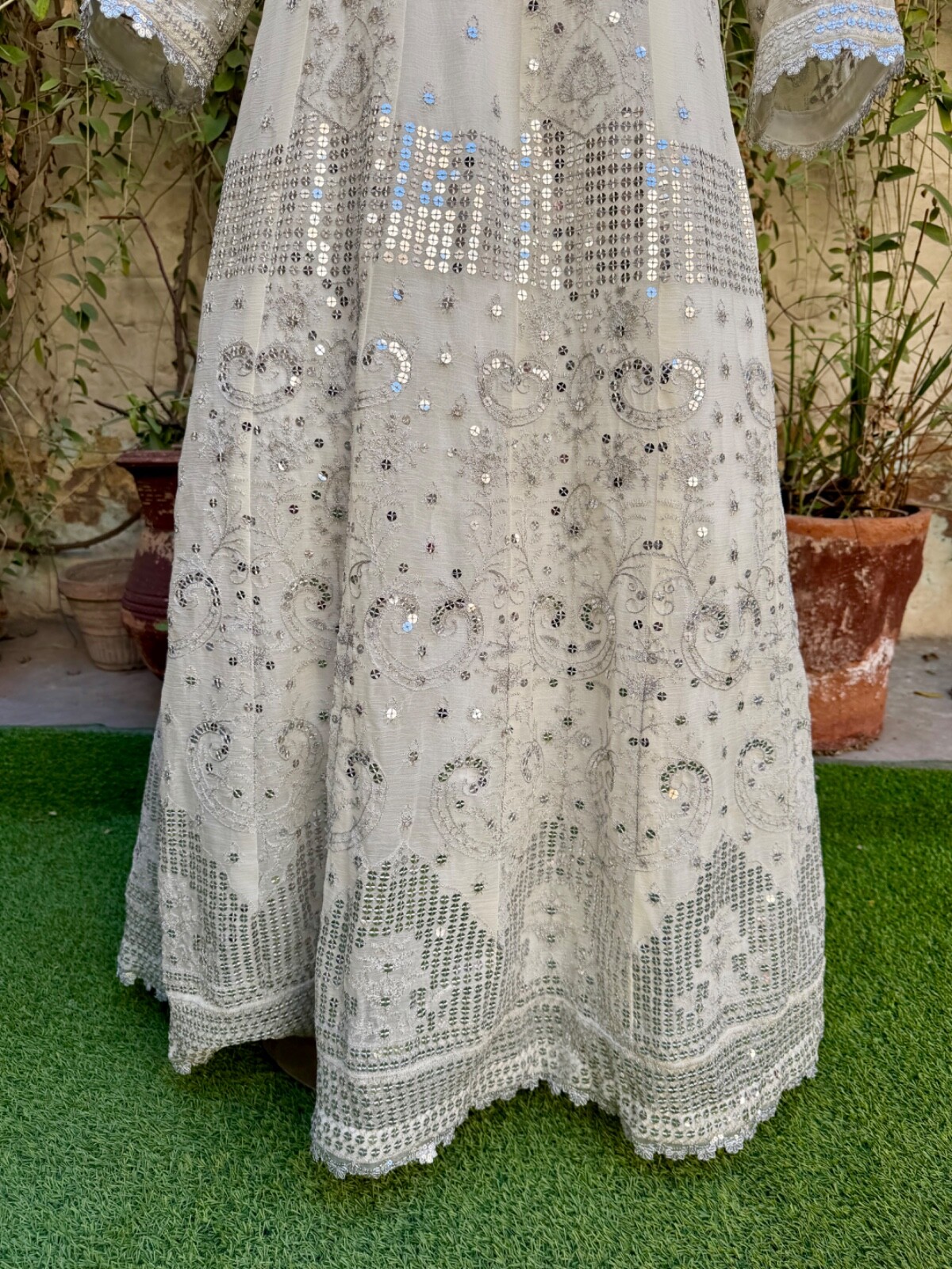 Pakistani Egg Shell White Long Maxi Style Embroidered Sequins Chiffon Dress,XL#1